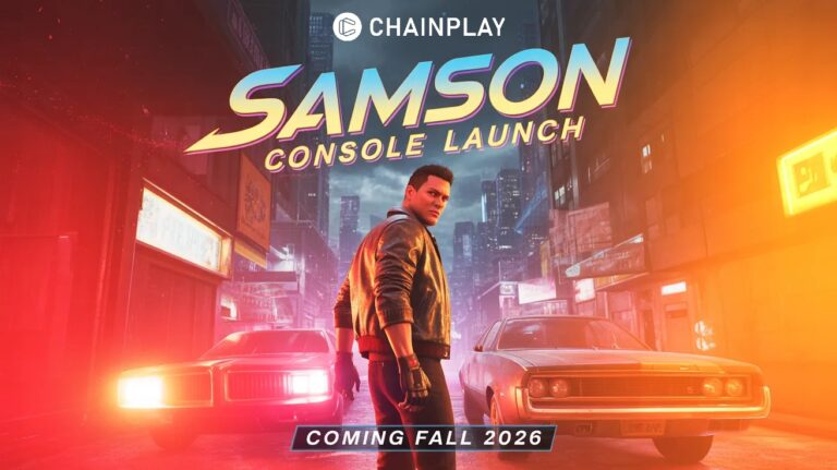 A gritty video game character standing in a rainy 1990s alleyway with a muscle car, promoting the Samson console release.