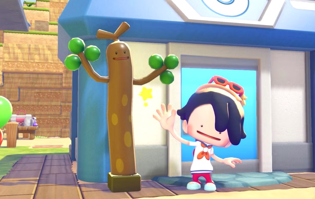 A 3D game screenshot showing a cartoonish boy waving next to an inflatable, arm-flailing tube man version of the Pokémon Sudowoodo.