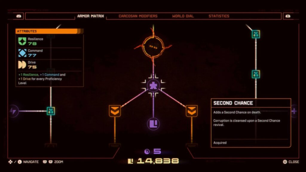 A dark skill tree menu titled "Armor Matrix" with nodes connected by lines; a highlighted node explains the "Second Chance" ability.