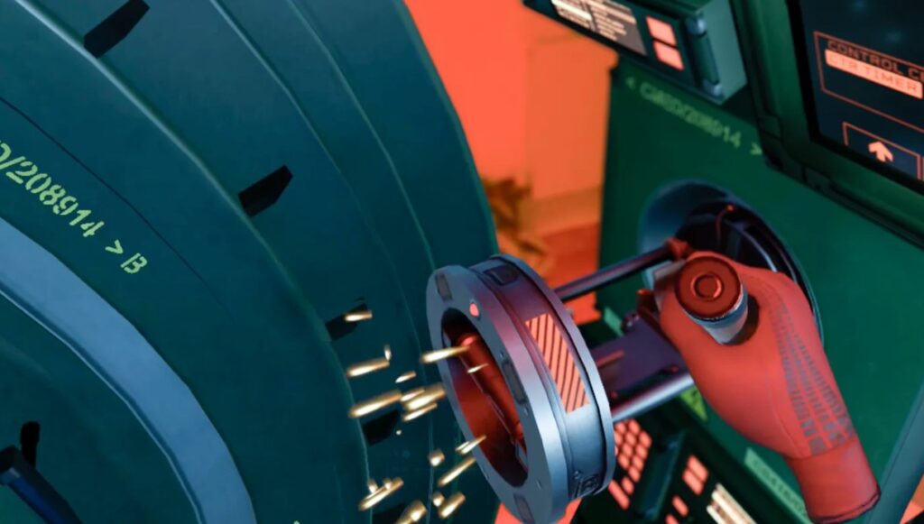 A close-up shot of a gloved hand interacting with a circular mechanical port emitting glowing golden particles.