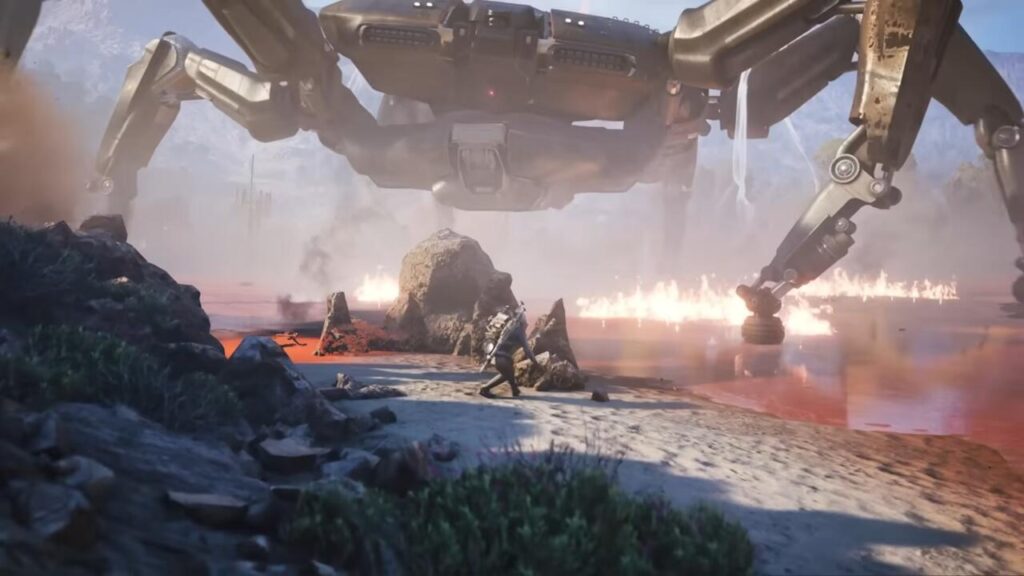 A player character running beneath the massive underbelly of an ARC Queen machine amidst fire and smoke.