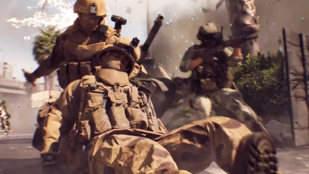 A cinematic action shot of a soldier in tan camouflage dragging a wounded teammate while sparks and debris fly in a desert urban environment.