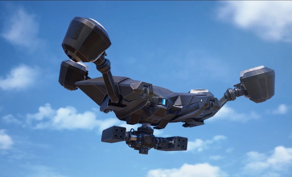 A black Rocketeer drone with four large thrusters and a rocket pod hovering in a clear blue sky.