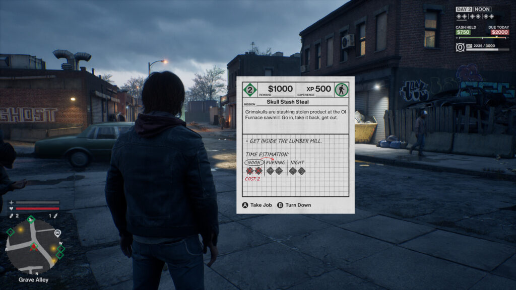 An in-game menu overlay showing a mission card titled "Skull Stash Steal" with reward details and a time estimation grid.