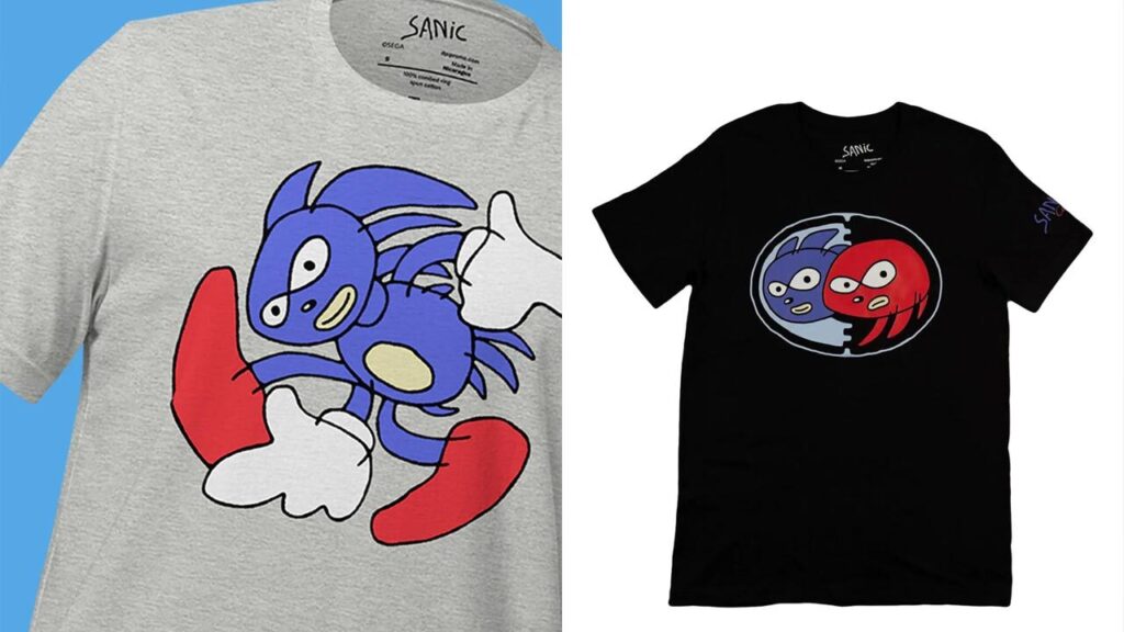 Two t-shirts featuring the "Sanic" meme: a grey shirt with a crudely drawn blue hedgehog and a black shirt with Sanic and a red "Knackles" character in a circle.