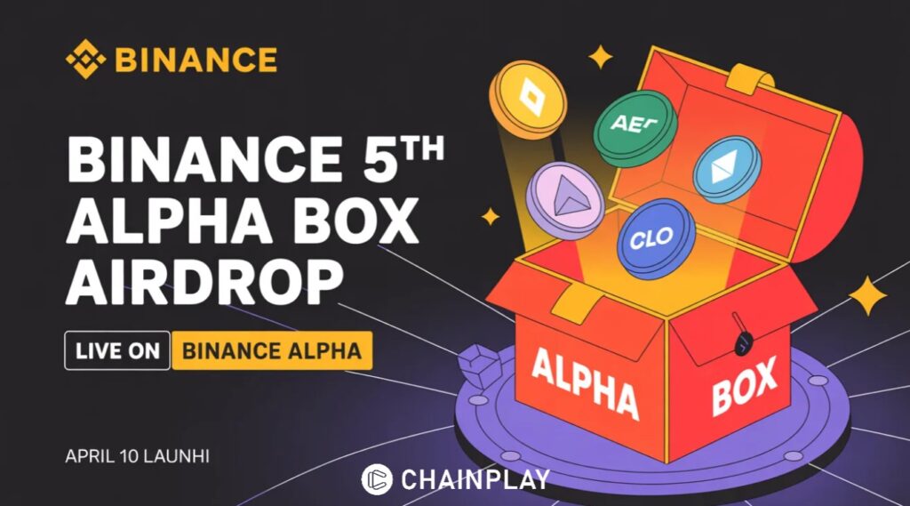 A glowing futuristic Binance Alpha Box airdrop event featuring Ark of Panda, Rekt, and Yei Finance symbols.