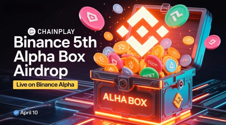 A glowing futuristic Binance Alpha Box airdrop event featuring Ark of Panda, Rekt, and Yei Finance symbols.