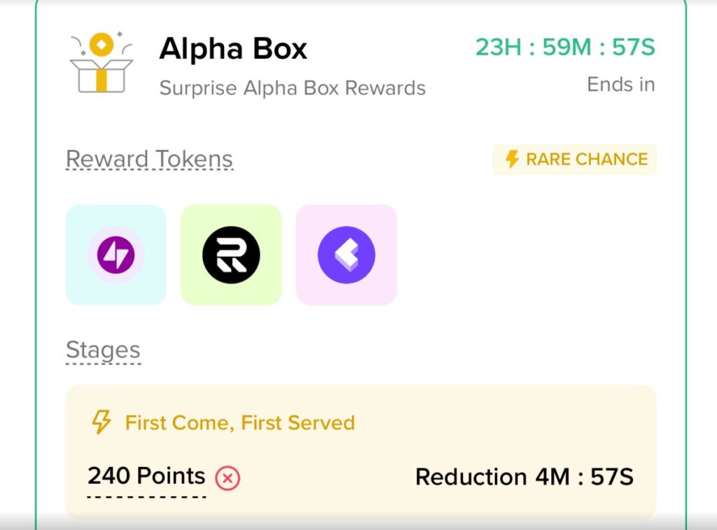A look at the surprise Alpha Box reward system, featuring a countdown timer and token stages.