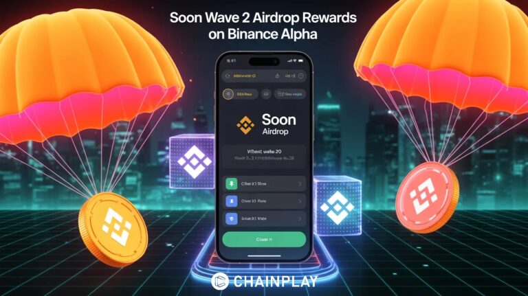 claiming SOON crypto airdrop on Binance Wallet with glowing blockchain elements
