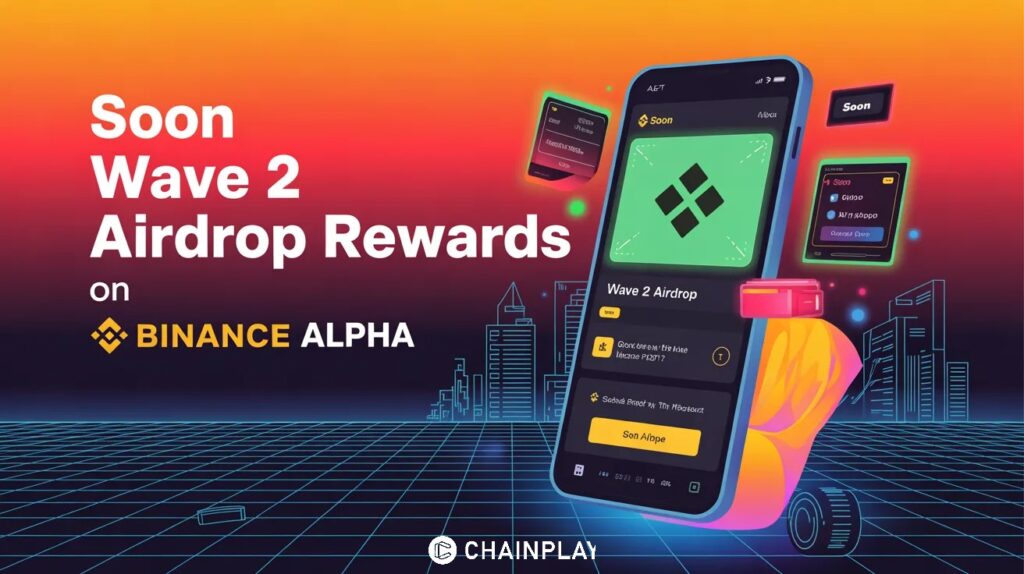 Futuristic crypto airdrop scene with SOON token and Binance Wallet interface in neon city