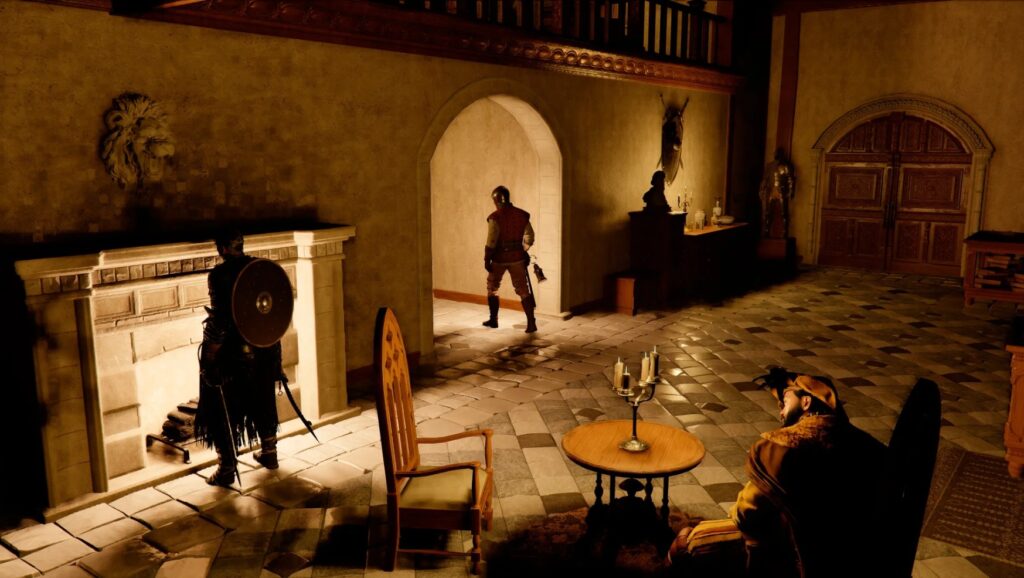 a charater waiting for the guard to turn his back before raiding the Lioncrest Manor fireplace in Crimson Desert.