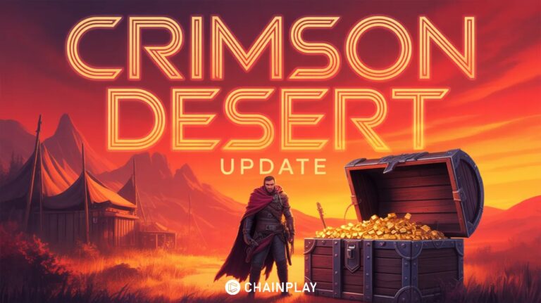 Crimson Desert character standing near a glowing storage chest representing expanded inventory system