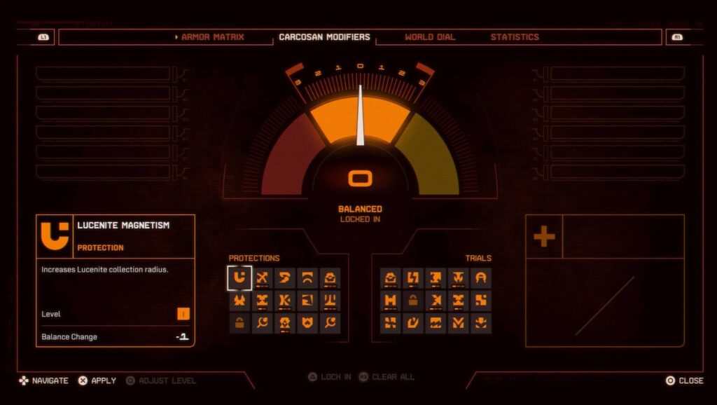 A complex game menu with a large central dial ranging from "Trials" to "Protections," with various icon-based modifiers below.