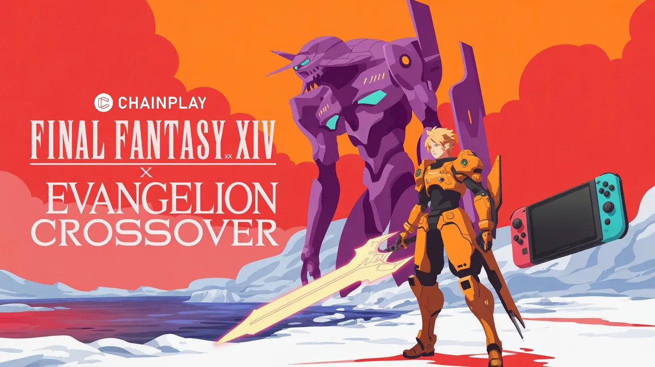 A Warrior of Light standing before a giant Evangelion Unit-01 with a Switch 2 console.