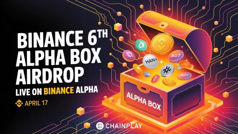 The 7th Binance Alpha Box airdrop glowing mystery box with cryptocurrency icons.