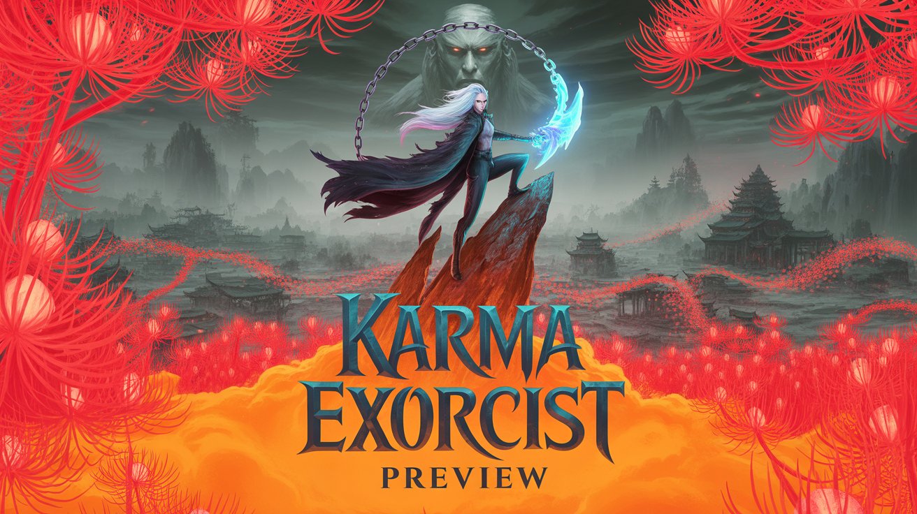 A demon hunter standing on a giant stone finger in a field of red spider lilies from the game Karma Exorcist.