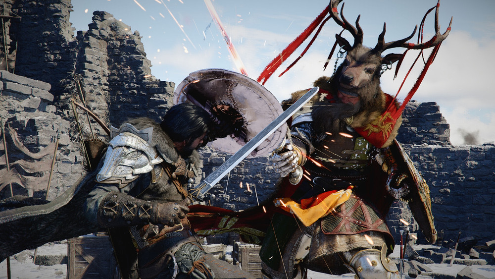 A close-up cinematic combat scene in Crimson Desert showing a warrior parrying an attack from a boss wearing a deer-skull helmet.