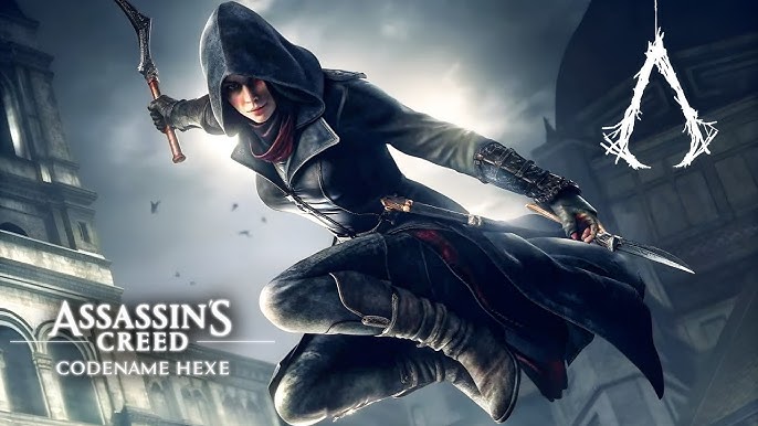 Digital art of a female Assassin in a dark, hooded trench coat leaping through the air with daggers, featuring the "Codename Hexe" logo.