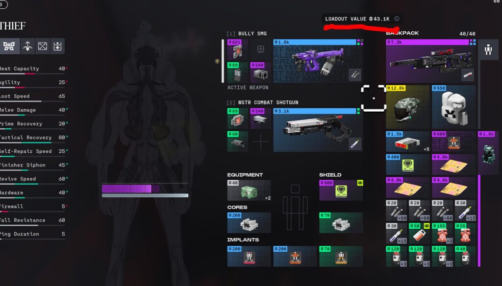 This image shows the "Thief" Runner shell's inventory. It highlights the high-stakes economy of the game, featuring a total loadout value of 43.1K. Notable gear includes the Bully SMG and the WSTR Combat Shotgun.