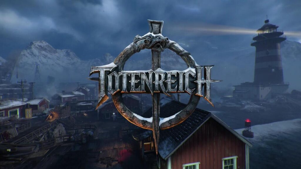 The official logo for the Totenreich Zombies map in Call of Duty, set against a dark, snowy coastal village with a lighthouse and mountains.