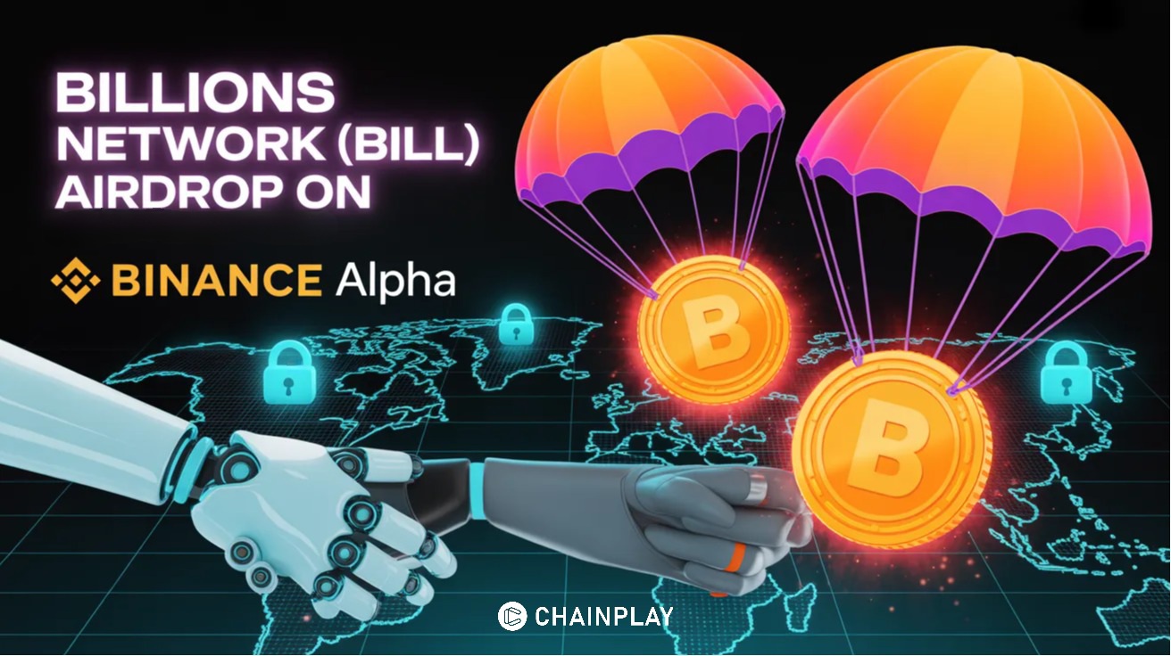 3D digital art showing a human and AI agent shaking hands with a $BILL crypto token floating in between.