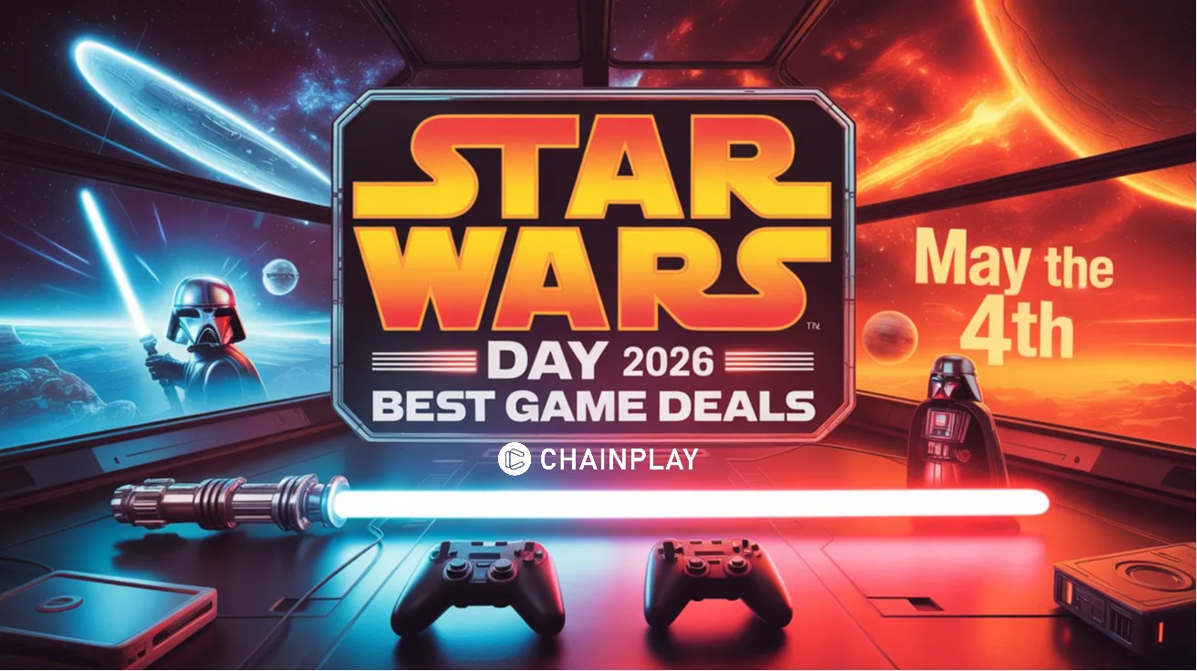 A gaming setup featuring Star Wars Day "May the 4th Be With You" text and lightsaber silhouettes.
