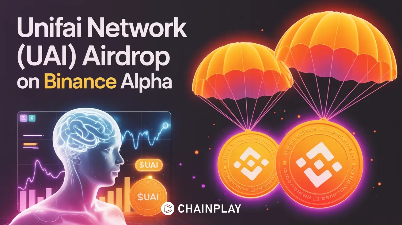 A futuristic AI agent managing decentralized finance charts and $UAI tokens for the Binance Alpha airdrop.