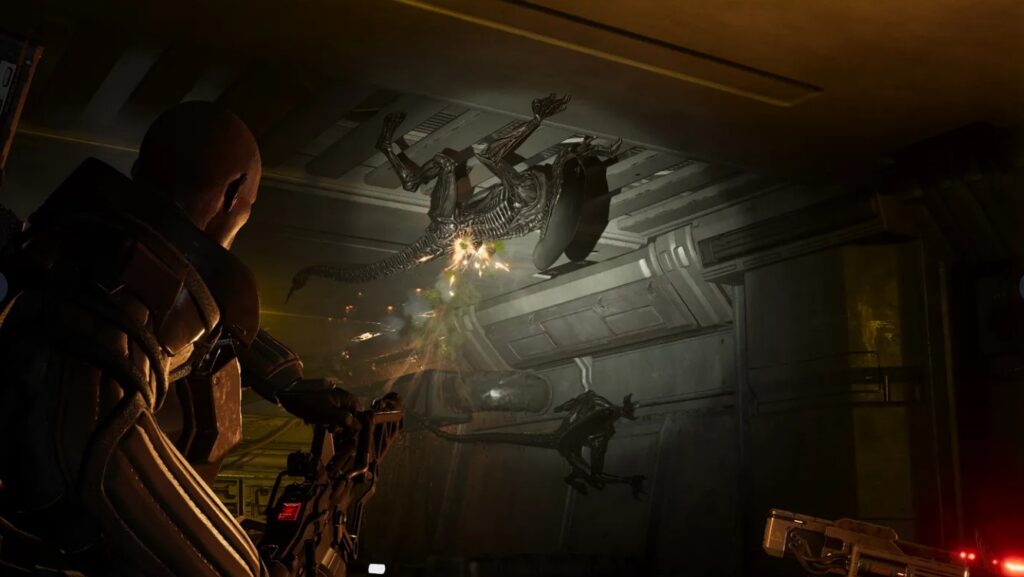 A close-up of a heavily armored Colonial Marine holding a Pulse Rifle. The armor features various tech attachments and tools, with a sleek, customizable aesthetic that differs from standard classes.