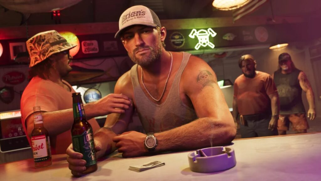 Jason encounters the local crowd in a dimly lit dive bar, showcasing the game's diverse character designs.