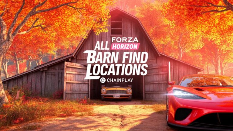 A hidden traditional Japanese barn with its wooden doors open, revealing a classic hidden car inside a colorful autumn forest in Forza Horizon 6.