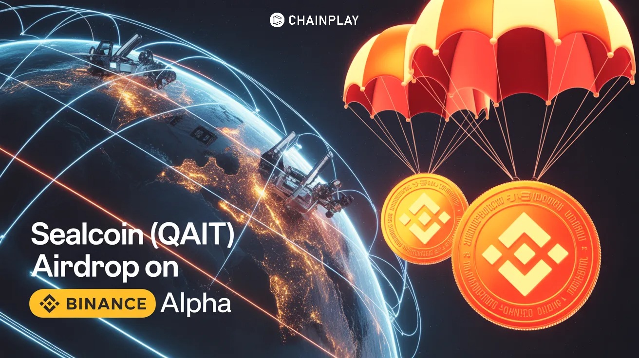 A futuristic cryptographic QAIT coin floating over a digital planet Earth with a claim button interface.