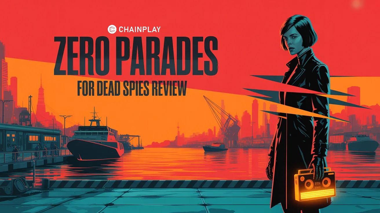 An isometric digital painting of a female spy in a trench coat looking over a dystopian harbor city at night.