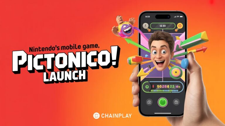 A smartphone displaying a warped selfie face inside Nintendo's Pictonico mobile game with colorful pop-art graphics exploding from the screen.