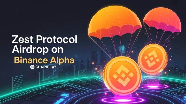 Binance Alpha Zest Protocol ZEST token airdrop event illustration featuring a smartphone wallet and Bitcoin branding.