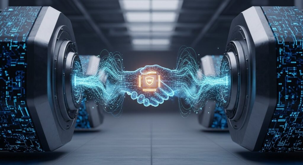 A visual representation of secure blockchain data transfer and cryptographic protocols on Sealcoin.
