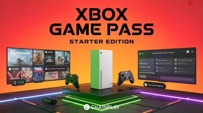 Xbox Game Pass Starter Edition promotional artwork featuring Xbox console, popular games, and Discord integration visuals.