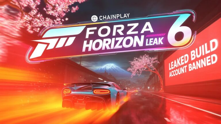 Forza Horizon 6-inspired racing car in a cyberpunk city with leaked preload files and account ban warnings.