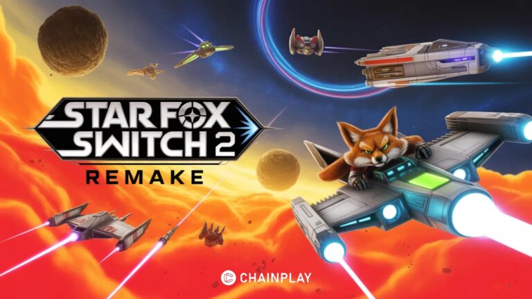 Cinematic Star Fox remake artwork showing Fox McCloud and team in futuristic aerial combat on Nintendo Switch 2.
