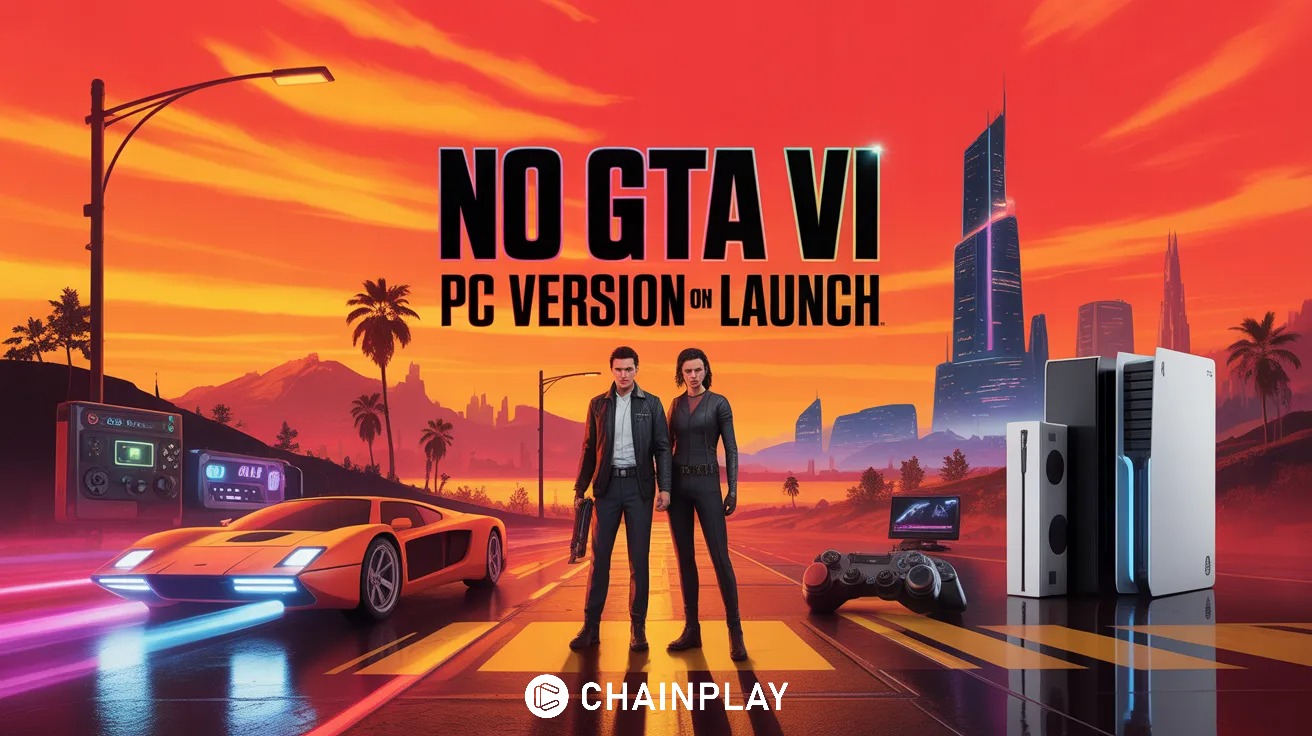 GTA 6 Vice City scene with protagonists and consoles highlighting delayed PC release