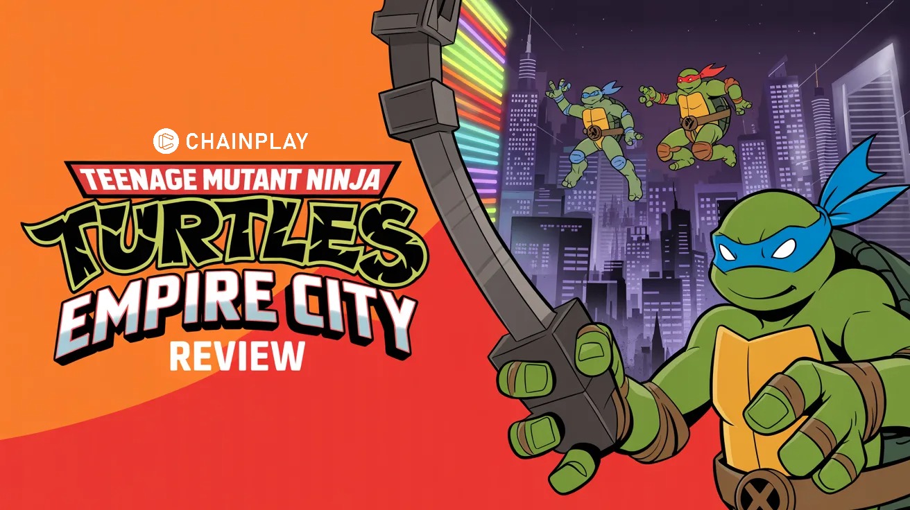 A first-person VR view of a Ninja Turtle leaping across New York City rooftops at night.