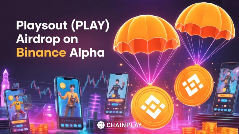 PlaysOut PLAY token launching on Binance Alpha with futuristic Web3 gaming visuals and mini-game integrations.