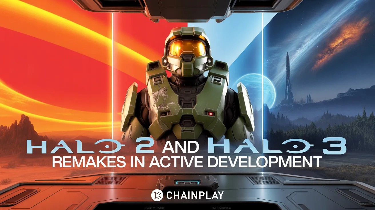 A cinematic split-screen image of Master Chief's helmet representing Halo 2 and Halo 3 remakes for Xbox and PlayStation 5.