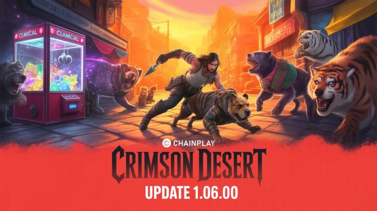 Crimson Desert warrior standing beside a combat dog near a magical claw machine and fantasy mounts.