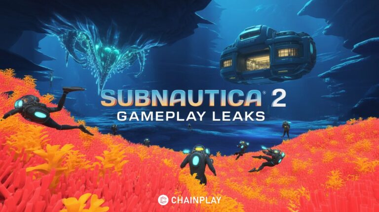 Subnautica 2 diver exploring a glowing alien ocean with a giant leviathan creature nearby.