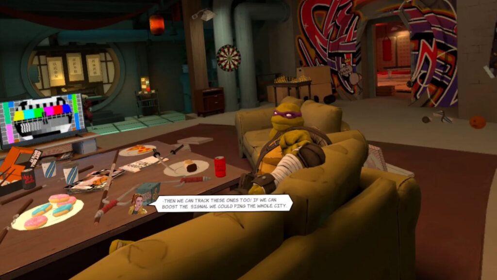 Donatello discusses tech upgrades in the lair, showcasing the game's witty, character-driven dialogue.