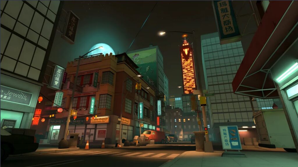 One of the game's three primary hubs, Chinatown, features a distinct urban aesthetic for parkour and exploration.