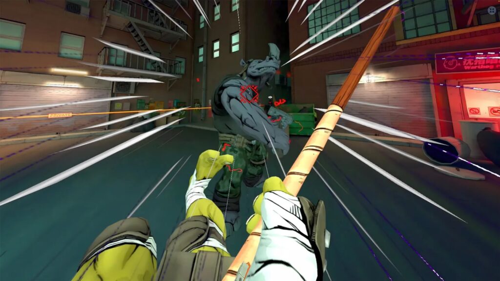 Donatello engages a massive rhino mercenary using his signature Bo staff in the streets of New York.