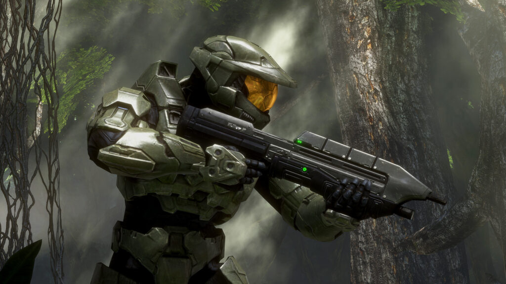 Master Chief navigating a dense forest environment, showcasing the high-fidelity graphics expected from modern Halo titles.