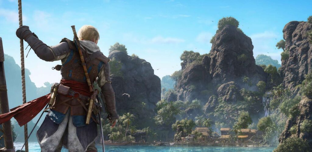 A sweeping vista showing the protagonist overlooking a pristine, vibrant tropical bay flanked by massive, vegetation-covered rocky cliffs.