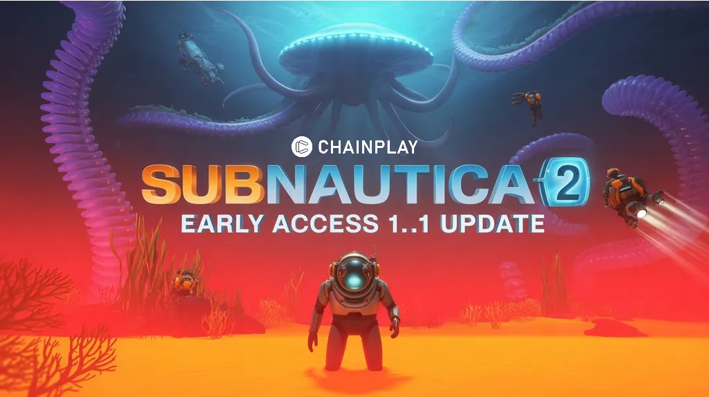 First-person view of a giant alien Leviathan attacking a mechanical walker on a dark bioluminescent ocean floor.